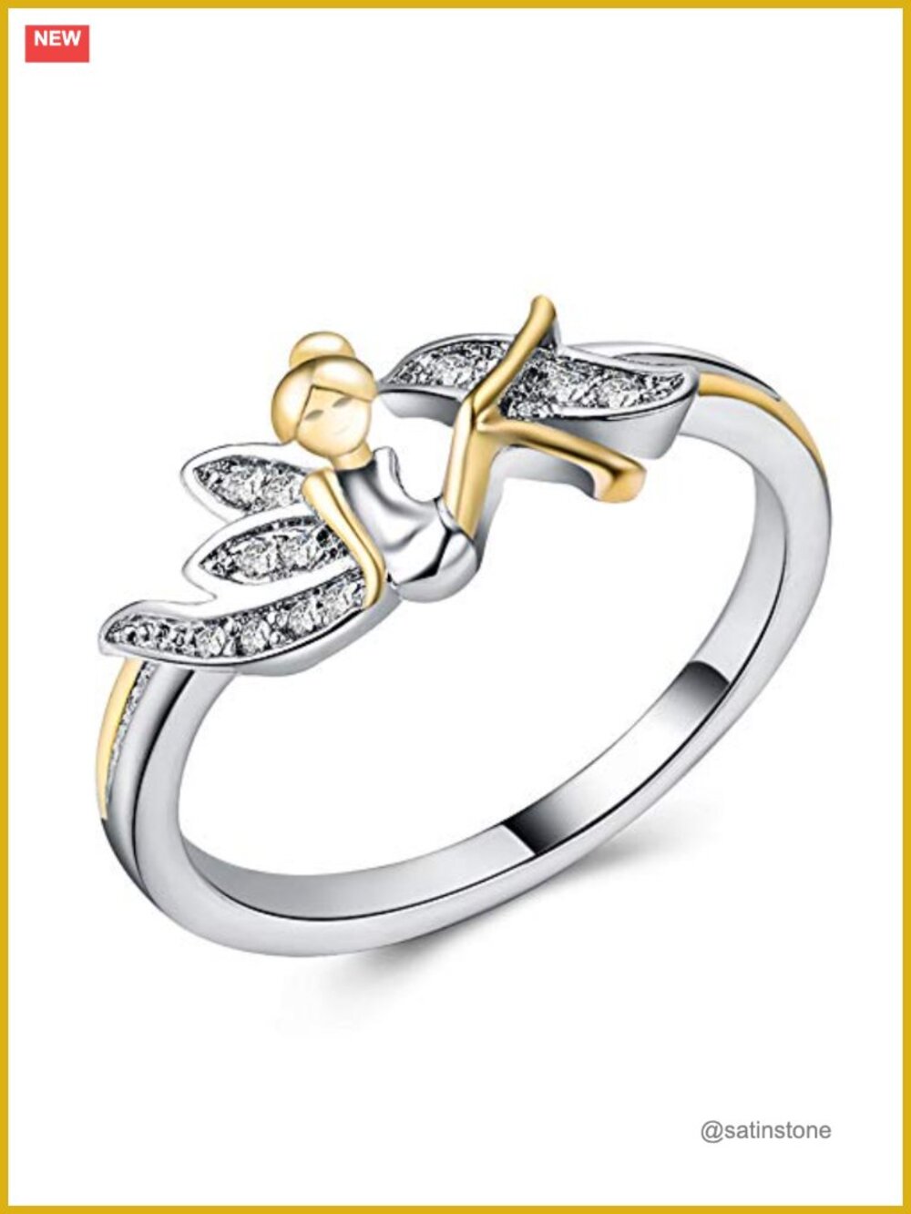 Fairy Winged Angel Statement Ring Gold Plated Copper Cubic Zirconia